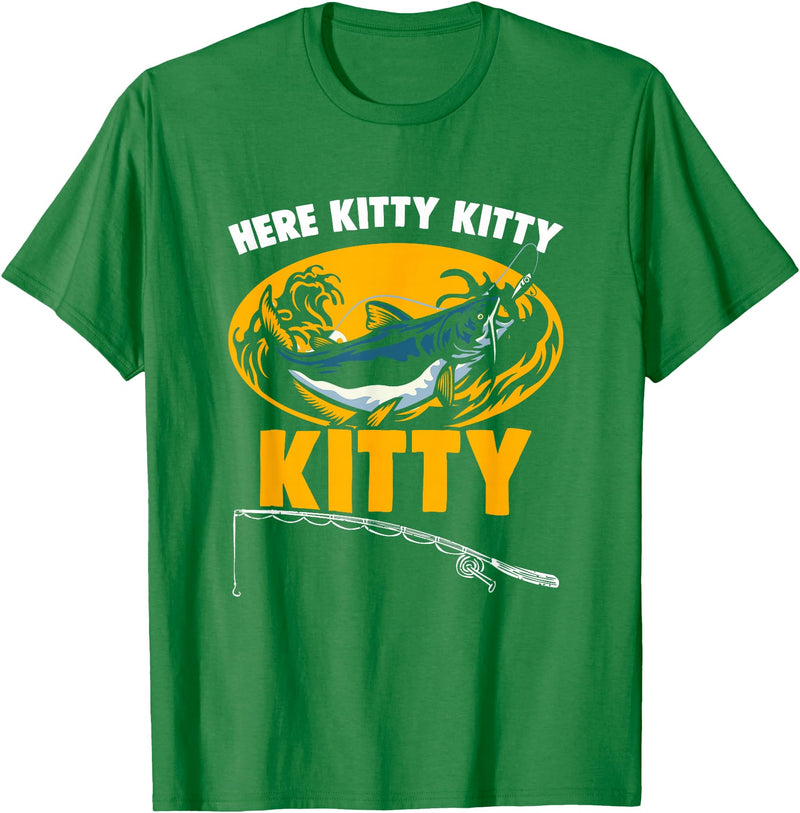 Fisherman Catfish Fishing Apparel Here Kitty Fisher Fish Rod Angler Fisherman Catfish Fishing T-Shirt - Kelly Green