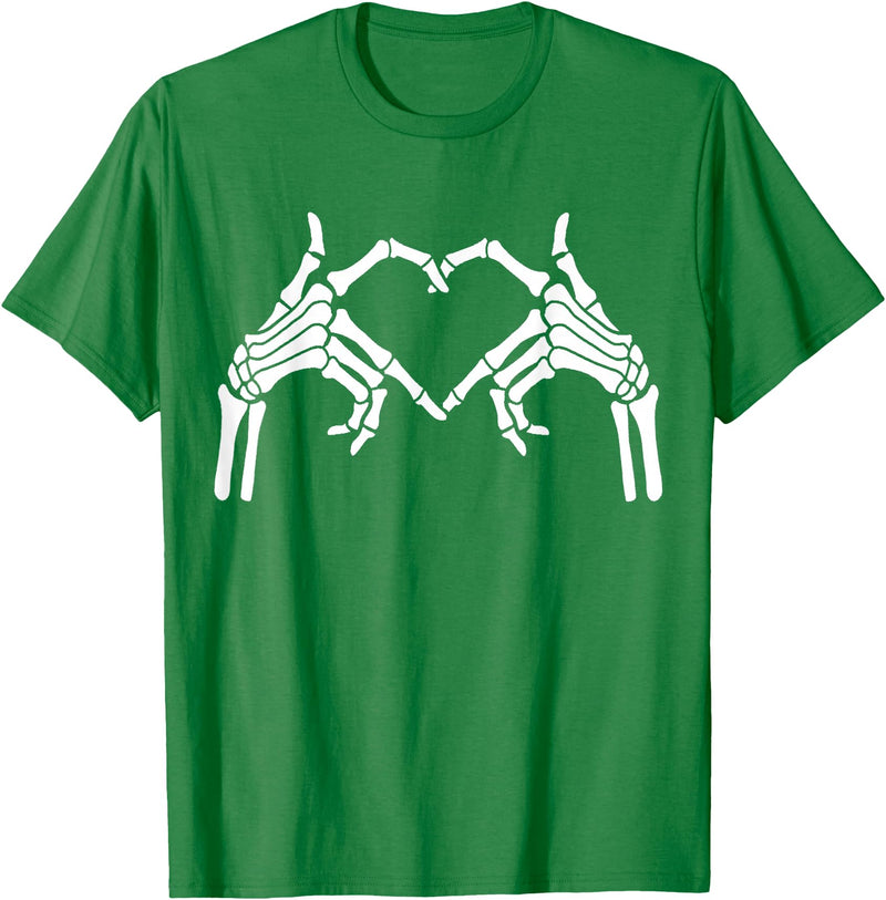 Skeleton Hand Halloween Trendy Novelty Graphic Art Skeleton Hands Heart Sign Halloween Tops T-Shirt - Kelly Green