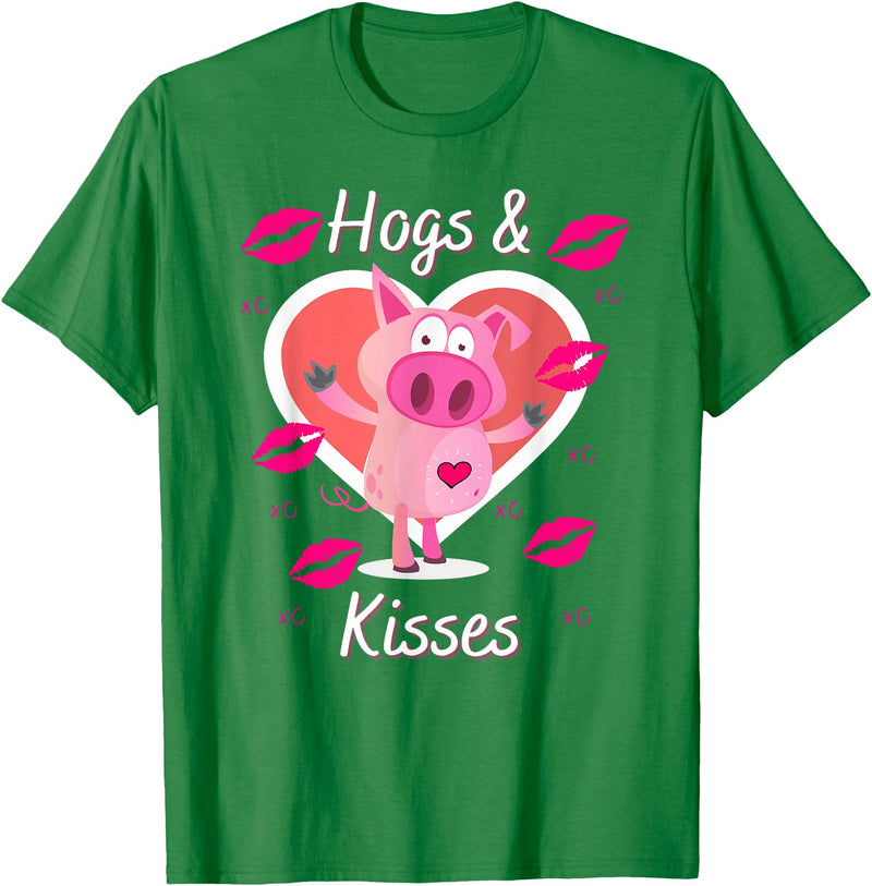 Love Heart Hogs & Kisses Funny Pig Pun on Hugs & Kisses T-Shirt - Kelly Green