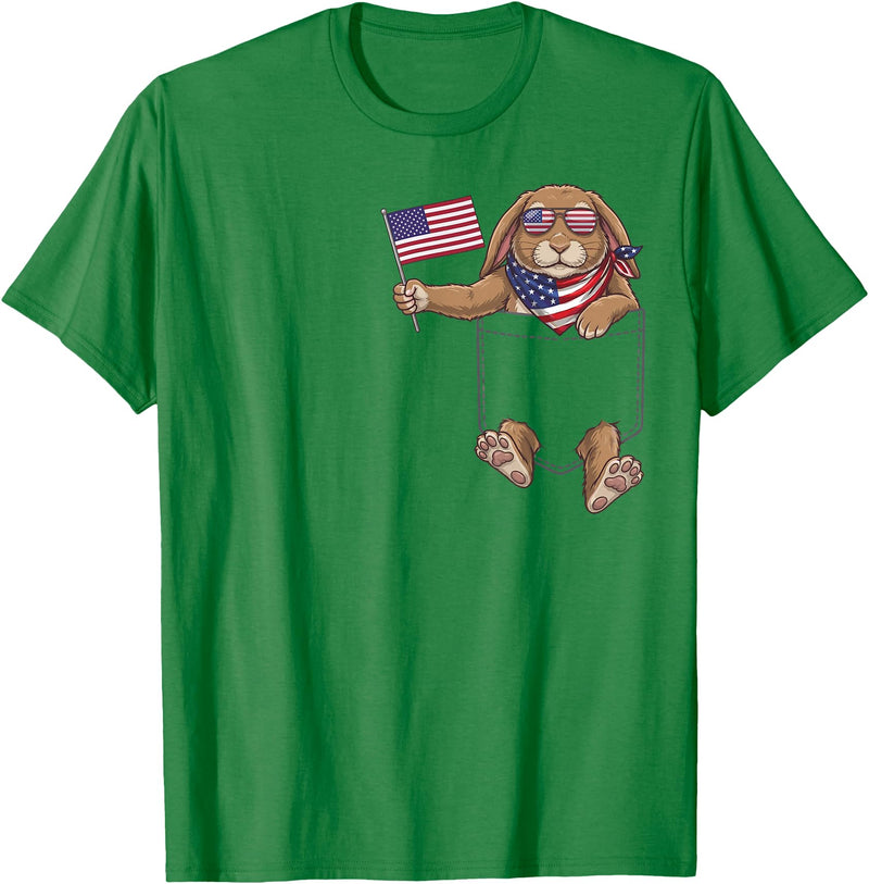 Rabbit Pocket Patriotic American Flag 4th of July USA T-Shirt in Kelly Green