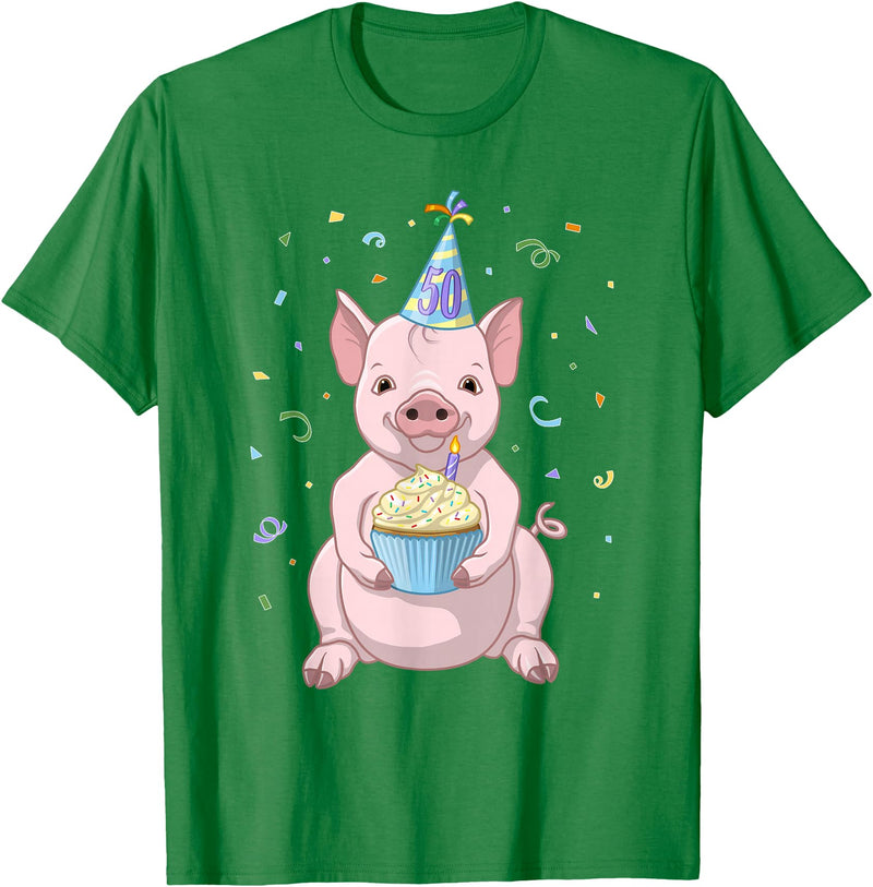 Funny Party Animals Cute Pink Pig Party Hat 50th Birthday Cupcake Gift T-Shirt - Kelly Green