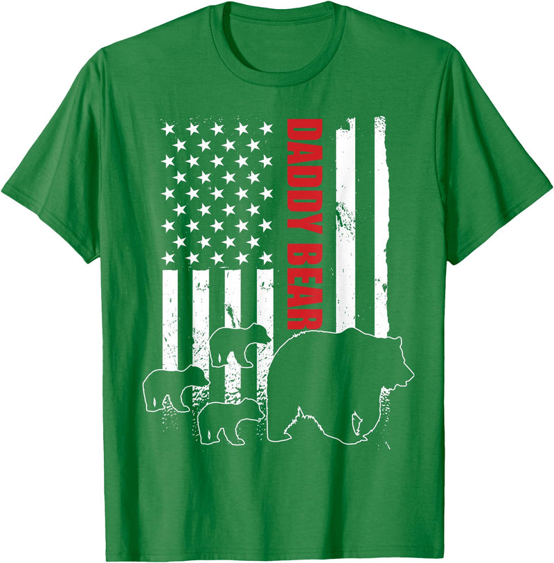 Vintage Gift for proud Dad of three Kids 4th July Daddy Bear with 3 cubs American Flag Daddy Bear Triplets T-Shirt - Kelly Green
