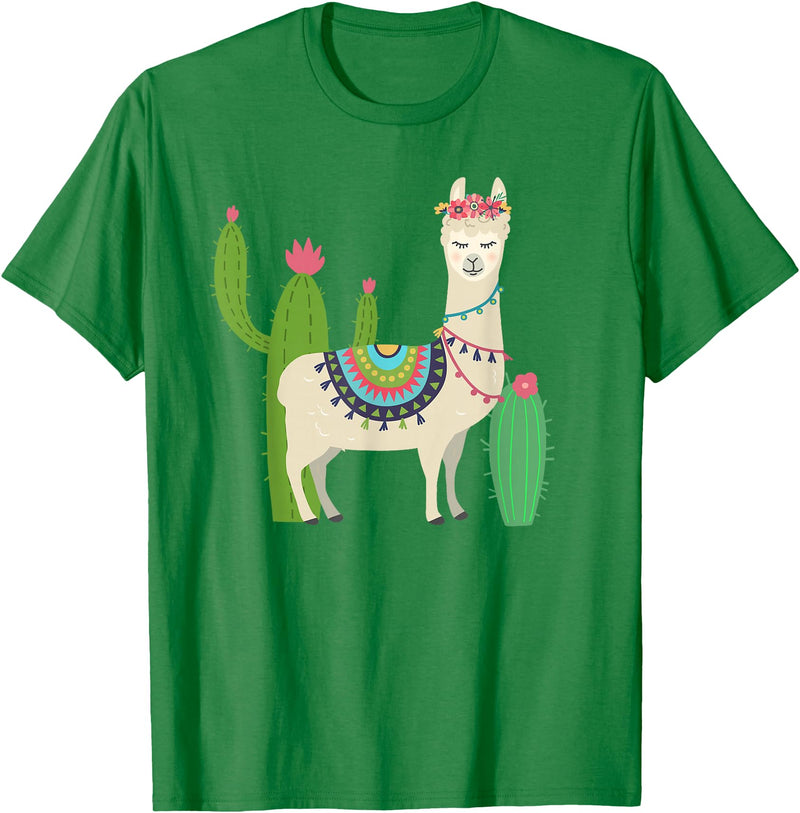 Captivaca Llama Shirts Cute Llama with Flower & Cactus/Llama Lover Gift T-Shirt Small - Kelly Green