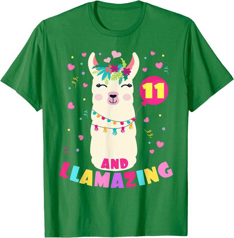 Llamazing Birthday Party Outfit Llama Lovers Llamazing 11 Years Old Girl Birthday Cute Llama Alpaca Kids T-Shirt - Kelly Green