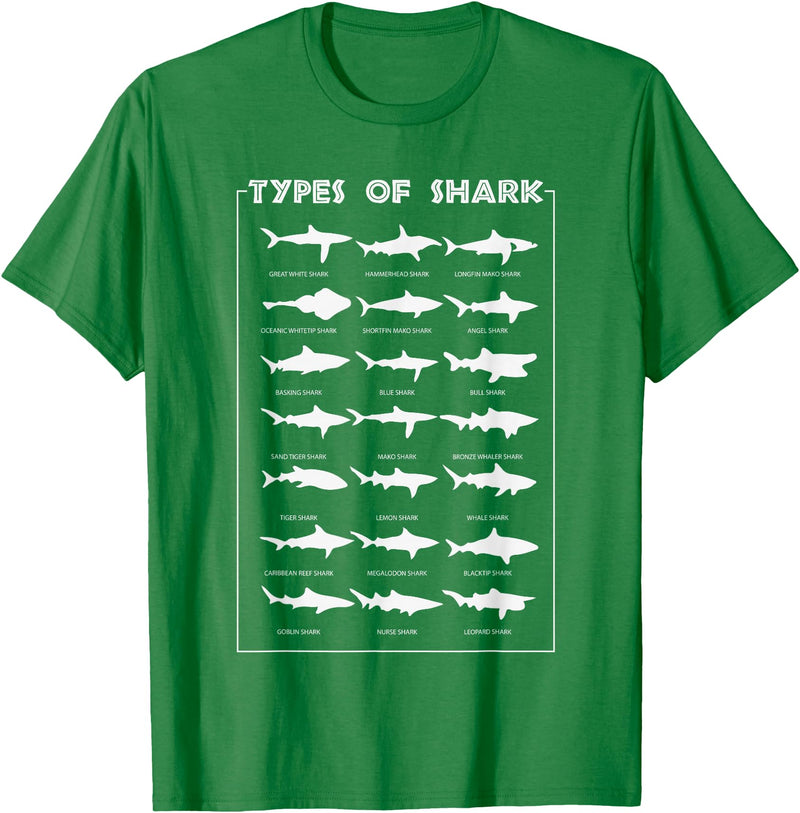 I Love Sharks Design T-Shirts 360 21 Types of Shark | Marine Biology Gift T-Shirt - Kelly Green