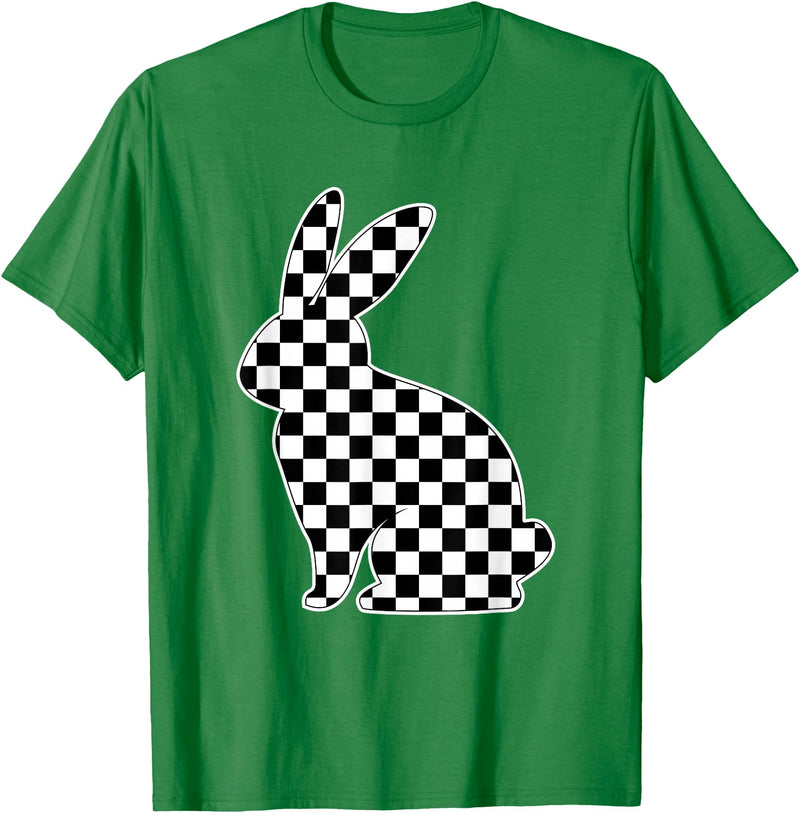 Retro Black White Checkerboard Rabbit Easter Bunny for Tween T-Shirt in Kelly Green