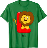 Cute Colorful Zoo Cartoon Animal ABC Children's Letters Motif L Like Lion T-Shirt - Kelly Green