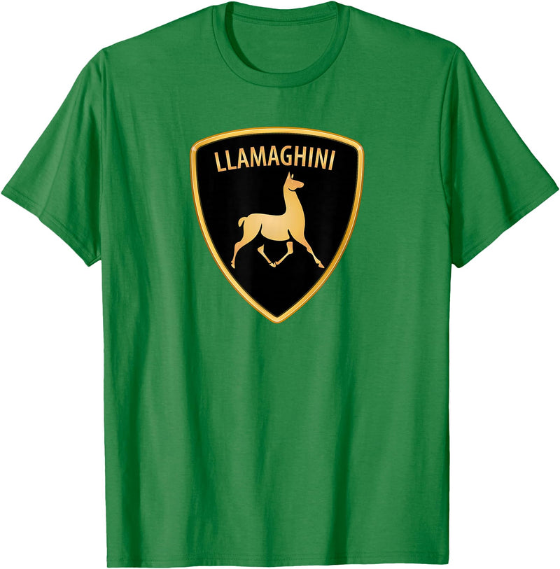 Llamaghini Apparel Co Llamaghini Funny Hillarious Llama Emblem Parody Fun Design T-Shirt - Kelly Green