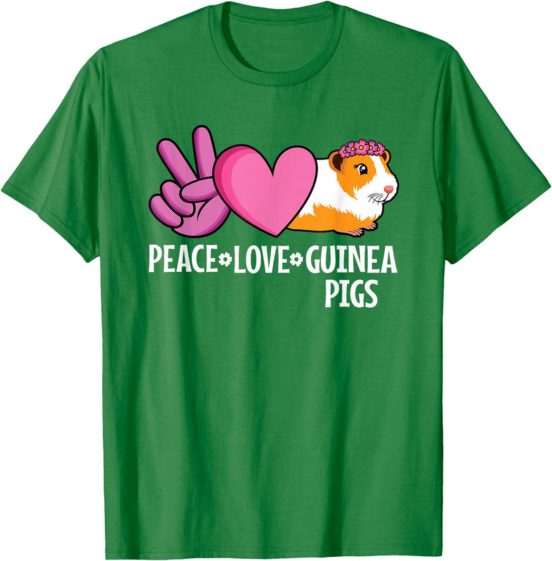 EDILILU Peace Love Guinea Pigs Cute Guinea Pig Lover Women Girls T-Shirt - Kelly Green