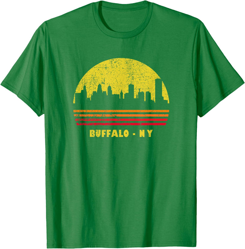 Wowsome! Vintage Retro Sunset Buffalo NY Skyline T-Shirt - Kelly Green