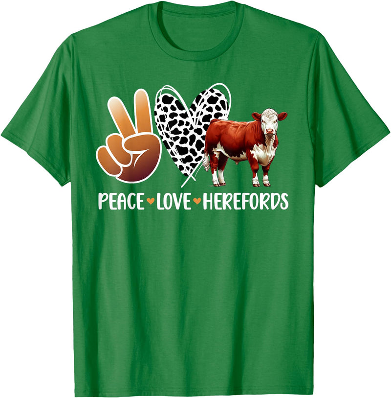 Cute Hereford Cattle Hereford Cow Boy Peace Love Hereford Cow Lover Hereford Cow Girl T-Shirt - Kelly Green