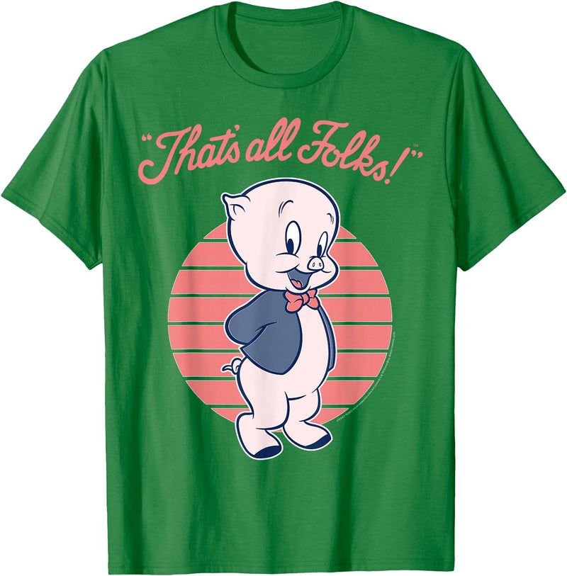 Looney Tunes Porky Pig That's All Folks Lined Portrait T-Shirt - Kelly Green