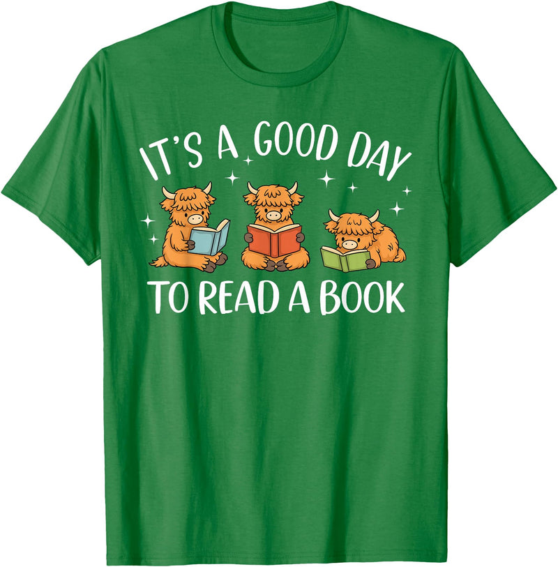 Cute Highland Cow Reading Book Lover It's A Good Day to Read A Book Highland Cow Bookworm T-Shirt - Kelly Green
