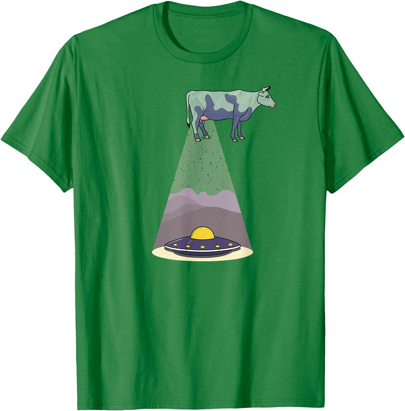 Funny Alien Abduction Cow UFO T-Shirt - Kelly Green