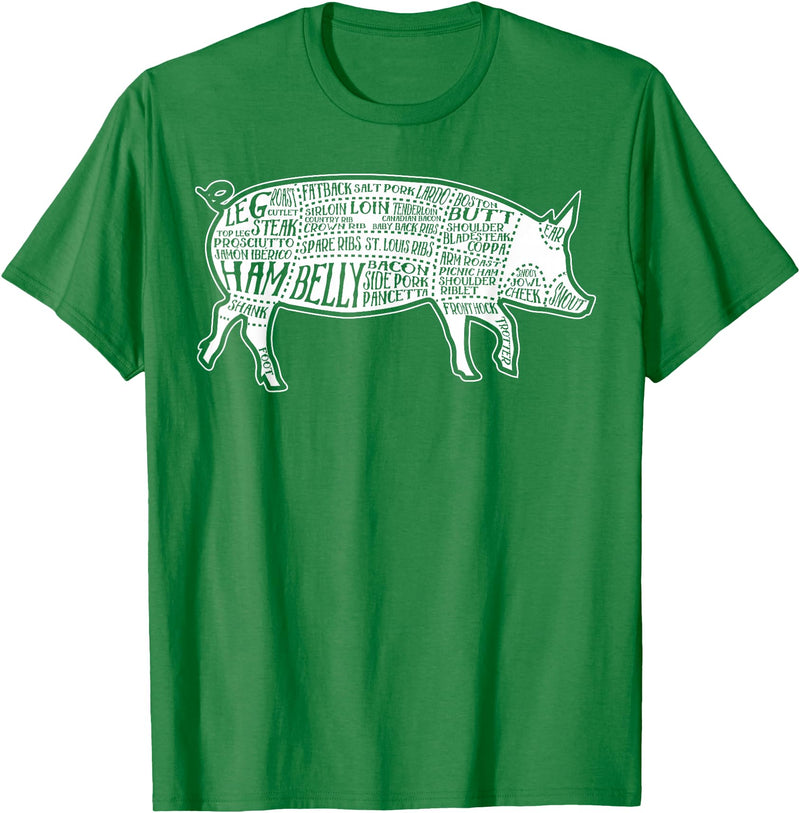 Pig Grilling Pork BBQ Bacon Lover Fun Gift Idea Lard Cuts Image Pig Parts Diagram Illustration Butcher Print T-Shirt - Kelly Green