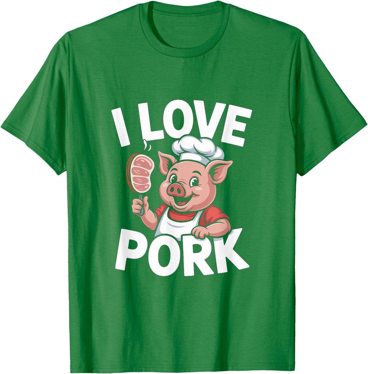 Pig Chef Barbecue Enthusiast Humor I Love Pork Funny Pig Chef Cartoon BBQ T-Shirt - Kelly Green