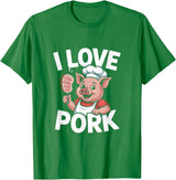 Pig Chef Barbecue Enthusiast Humor I Love Pork Funny Pig Chef Cartoon BBQ T-Shirt - Kelly Green