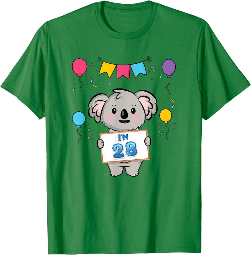28th Koala Bear Birthday Party TShirt Co. I'm 28 Cute Koala Holding 28 Years Old 28th Birthday Outfit T-Shirt - Kelly Green