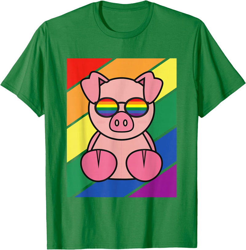 LGBTQ Flag Gay Pride Month Rainbow Pig With LGBT Glasses T-Shirt - Kelly Green