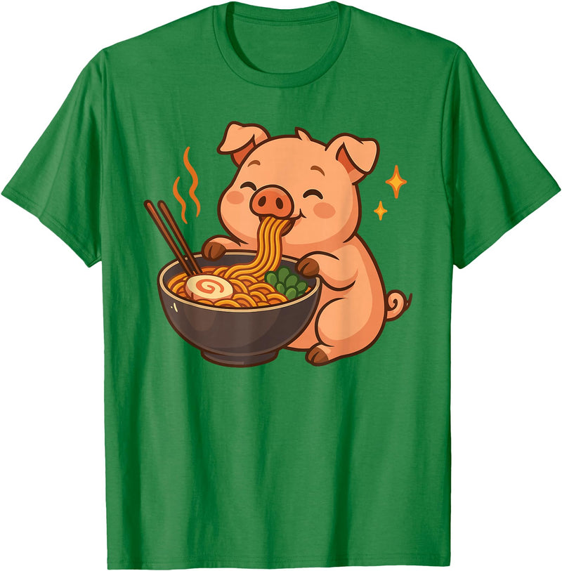 Pig Eating Ramen Kawaii Anime Animals Pig with Noodles Ramen Kawaii Pig T-Shirt - Kelly Green