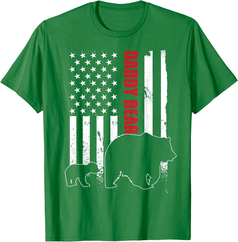 Vintage Gift for proud Dad 4th of July Daddy Bear with cub American Flag Papa Bear Father's Day T-Shirt - Kelly Green