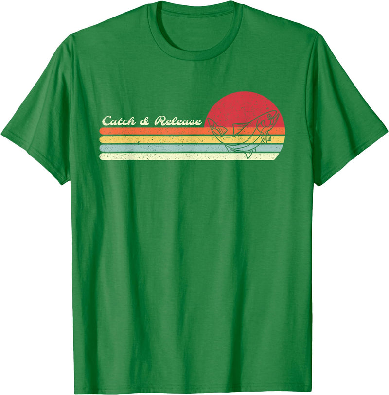 Retro Sunset Brook Trout Salmon Fisherman Designs Angler Catch & Release Trout Fly Fishing Vintage Distressed T-Shirt - Kelly Green