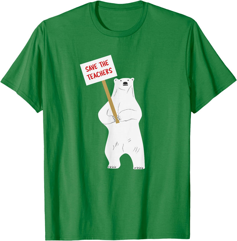 Math & Mirth Designs Save the Teachers Cute Polar Bear T-Shirt T-Shirt - Kelly Green