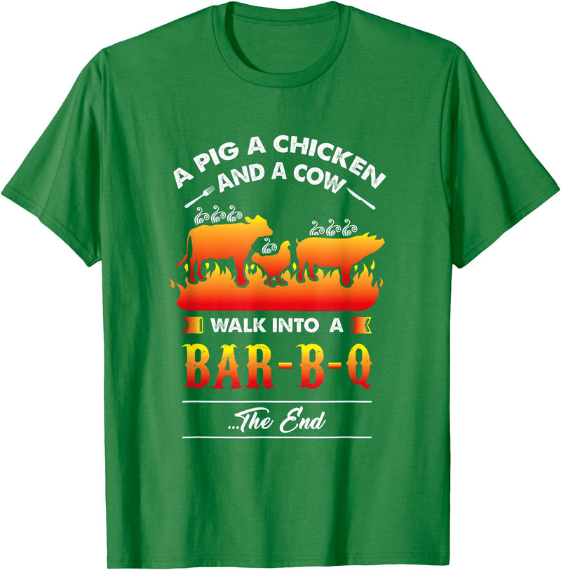 anti vegan shirt I funny bbq bacon fans A Pig, A Chicken, And A Cow Walk Into A Barbecue Bar-B-Q T-Shirt - Kelly Green