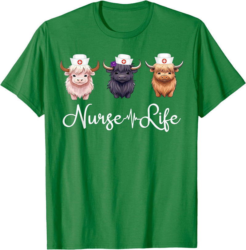 Highland Cow Nurse Life Costume Cute Highland Cow Nurse Life Farm Animal Lover Nursing T-Shirt - Kelly Green