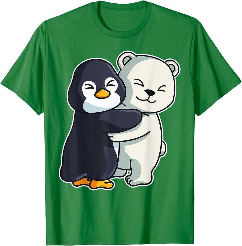 Penguin and Polar Bear Hug Arctic Animal Polar Bear and Penguin Cute North Pole Animals Hugging T-Shirt - Kelly Green