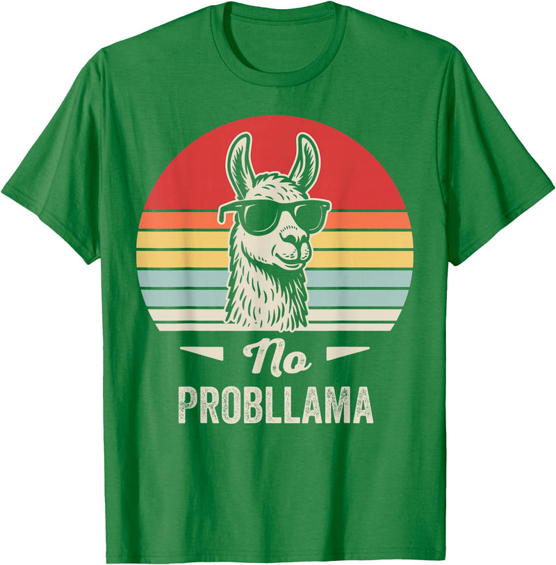Retro Llama Humor No Drama Vintage Vibes No Probllama Retro Llama Humor Design T-Shirt - Kelly Green