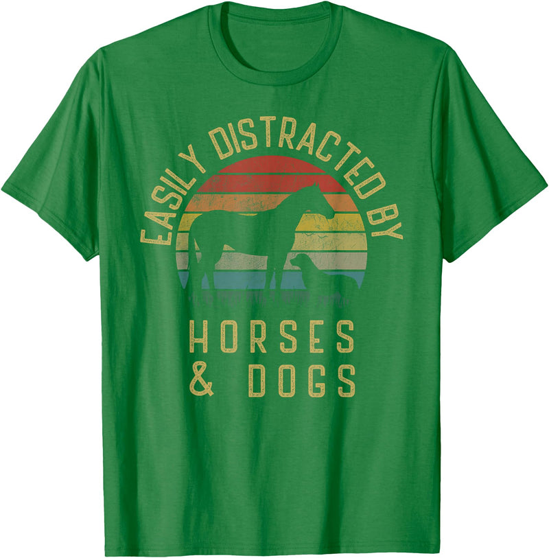 Funny Cute Easily Distracted by Horses Silhoutee Easily Distracted by Horses and Dogs I Like Heart Horse Dog T-Shirt Small - Kelly Green