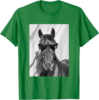Funny Animal Photography Clothing Co. Cute Horse with Sunglasses Farm Animal Photo Booth T-Shirt - Kelly Green