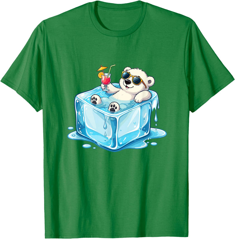 Cool Polar Bear Summer Vibes Chill Ice Cube Lazy Polar Bear in Ice Cube Tropical Cocktail T-Shirt - Kelly Green
