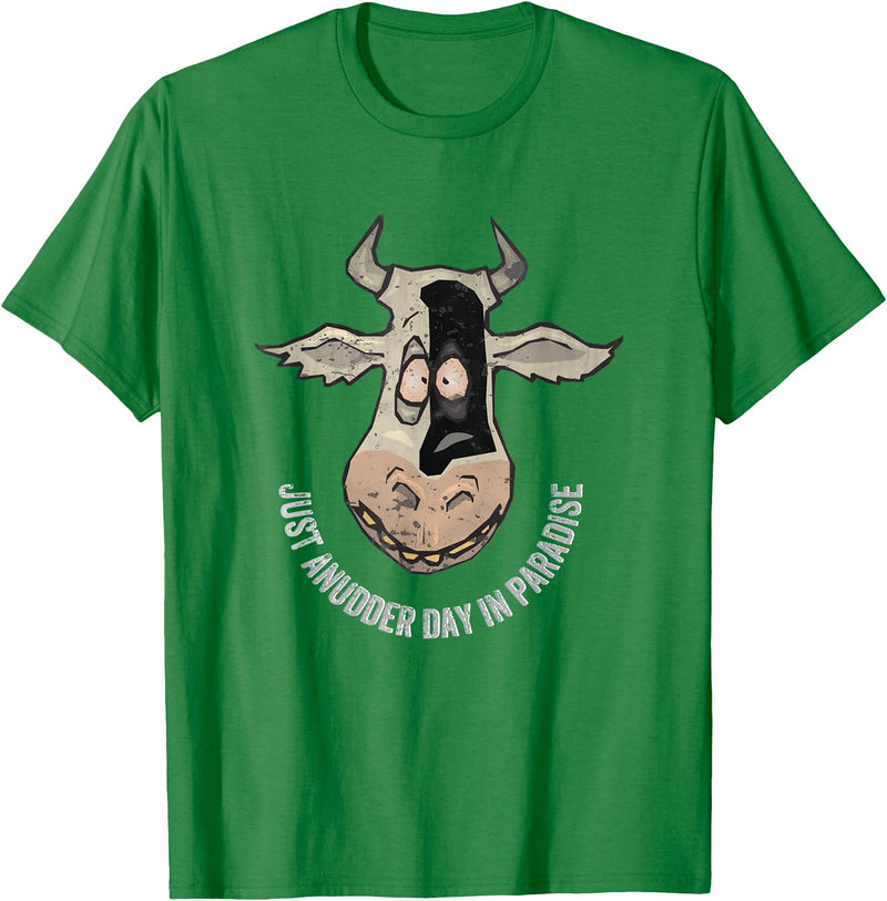 Outstanding in the Field Just Anudder Day in Paradise Funny Cow Farmer Dairy T-Shirt - Kelly Green