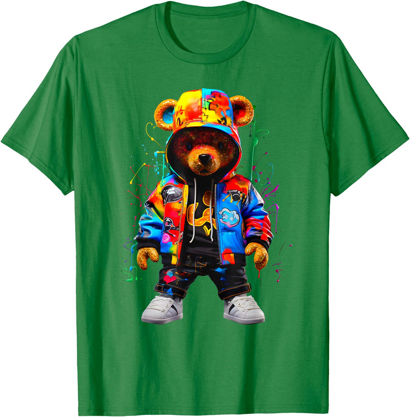 Hip-Hop Teddy-Bear Aesthetic Urban StreetWear Co. Hip-Hop Teddy-Bear Colorful Teddybear with Hoodie Graphic T-Shirt - Kelly Green
