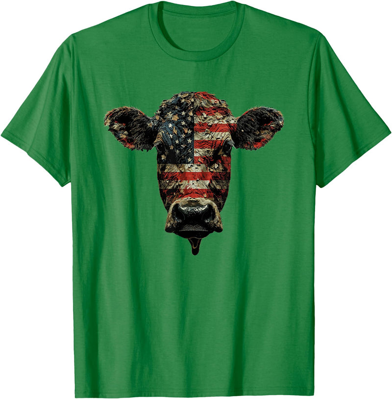 4th Of July Cow Farm Outfits For Men Cow Farm Patriotic Farmer 4th Of July USA American Flag T-Shirt - Kelly Green