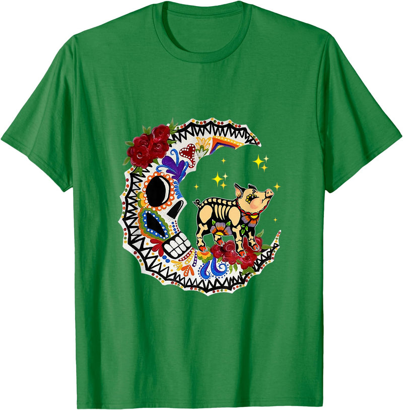Halloween Sugar Skull Pig and Moon Lover T-Shirt - Kelly Green