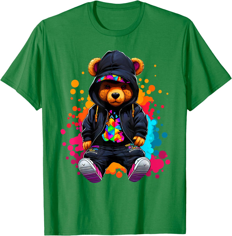 Hip Hop Teddy Bear Aesthetic Wear Co. Hip Hop Bear Colorful Teddy Bear With Hoodie Baseball Cap T-Shirt - Kelly Green