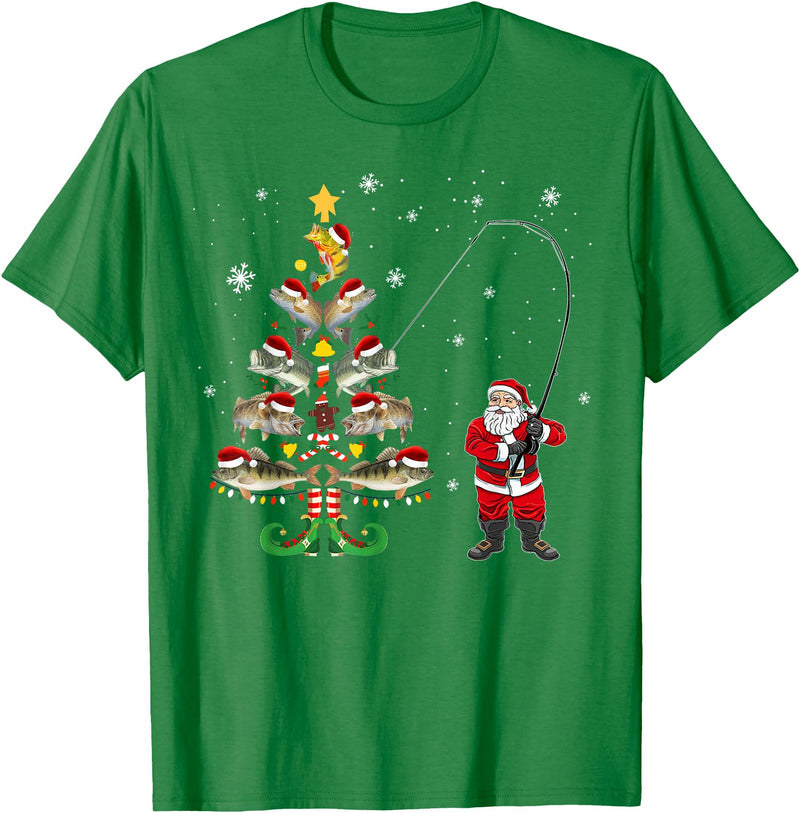 Fishermans Christmas Pajama Gift Tree Lights Merry Fishmas T-Shirt - Kelly Green