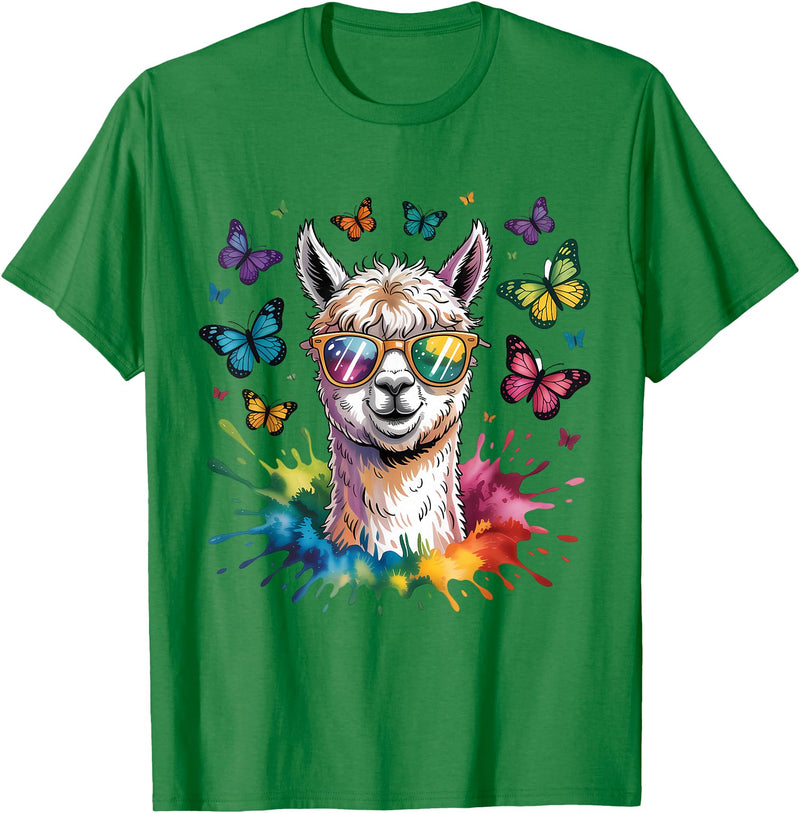 Funny Llama Lover Graphics Cute Llama with Sunglasses Animal Art Graphic Funny Alpaca T-Shirt - Kelly Green