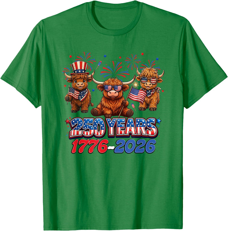 Scottish Highland Cow Print 250th Anniversary Gift 250 Years America Anniversary Cow 4th July America 1776 2026 T-Shirt -