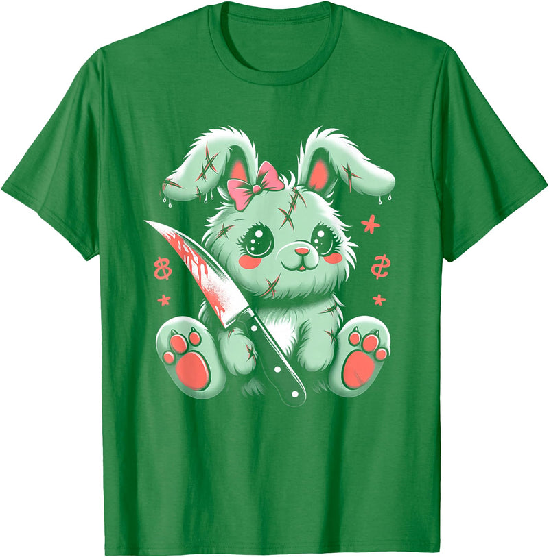 Creepy Cute Bunny Rabbit Alt Goth Grunge Horror Aesthetic T-Shirt (Black) in Kelly Green
