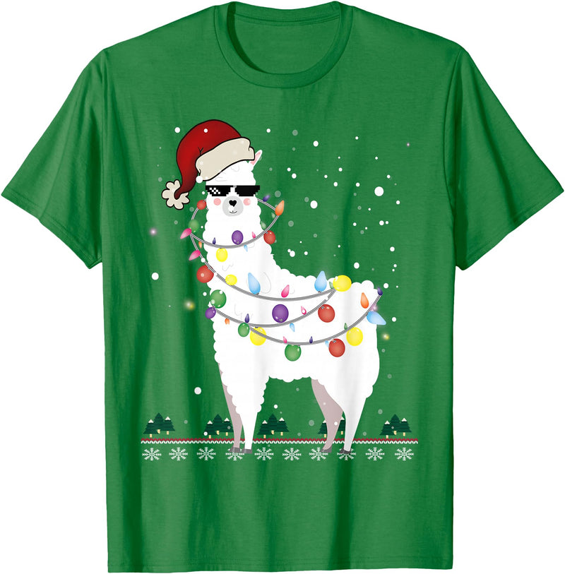 Christmas Llama Santa Hat Ugly Xmas Tee Christmas Llama Santa Hat Ugly Xmas Tree Alpaca Gift T-Shirt - Kelly Green