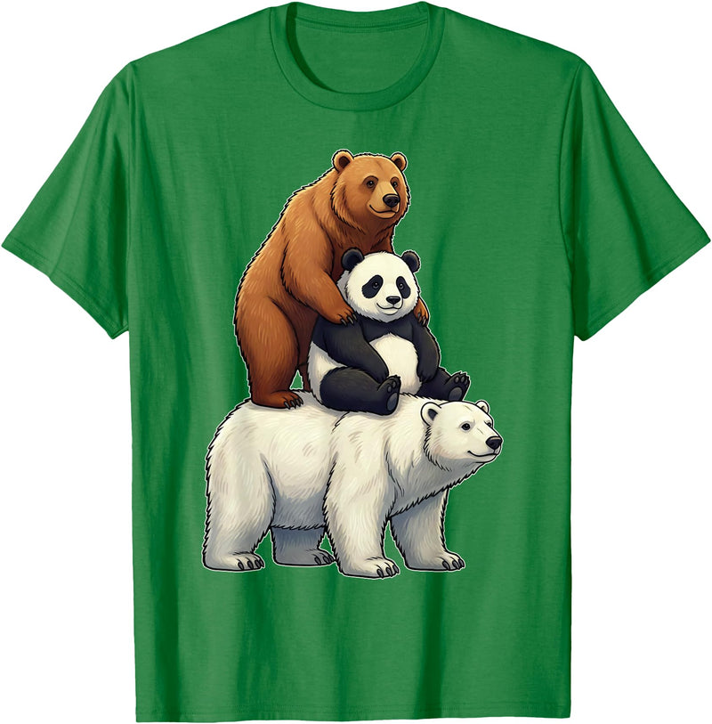 Cute Bear Panda Polar Bear Stack Funny Wildlife Funny Bears Stacked Panda Grizzly Polar Bear Trio Meme Art T-Shirt - Kelly Green