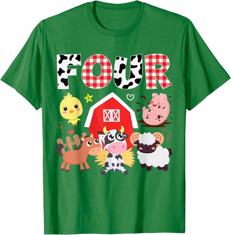 Farm Animals Cow Themed Birthday Party Family Tees 4th Birthday Four Year Old Farm Theme Animals Birthday Party T-Shirt -