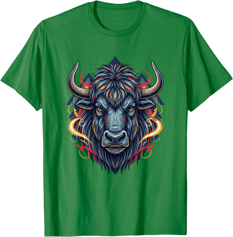 Wild Buffalo Bison Tribal Western Spirit Fierce Wild Bison Head Tribal Geometric Buffalo T-Shirt - Kelly Green