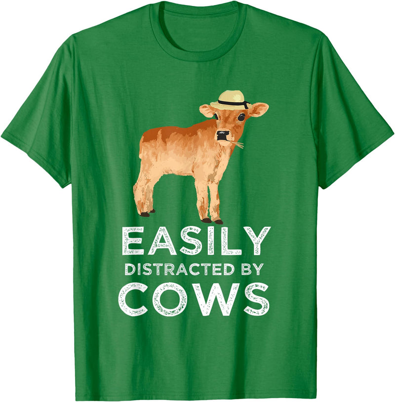 Cartba Cow Co. Fun Cute Easily Distracted By Cows Unisex-Adults Black T-Shirt - Kelly Green
