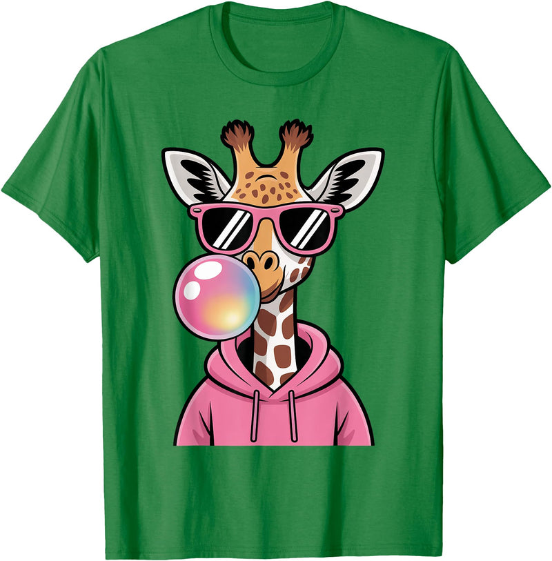 Giraffe Sasquatch Blowing Bubblegum Toddler Kids Cute Giraffe Blowing Bubble Gum and Pink Glasses Kids Boys T-Shirt - Kelly Green