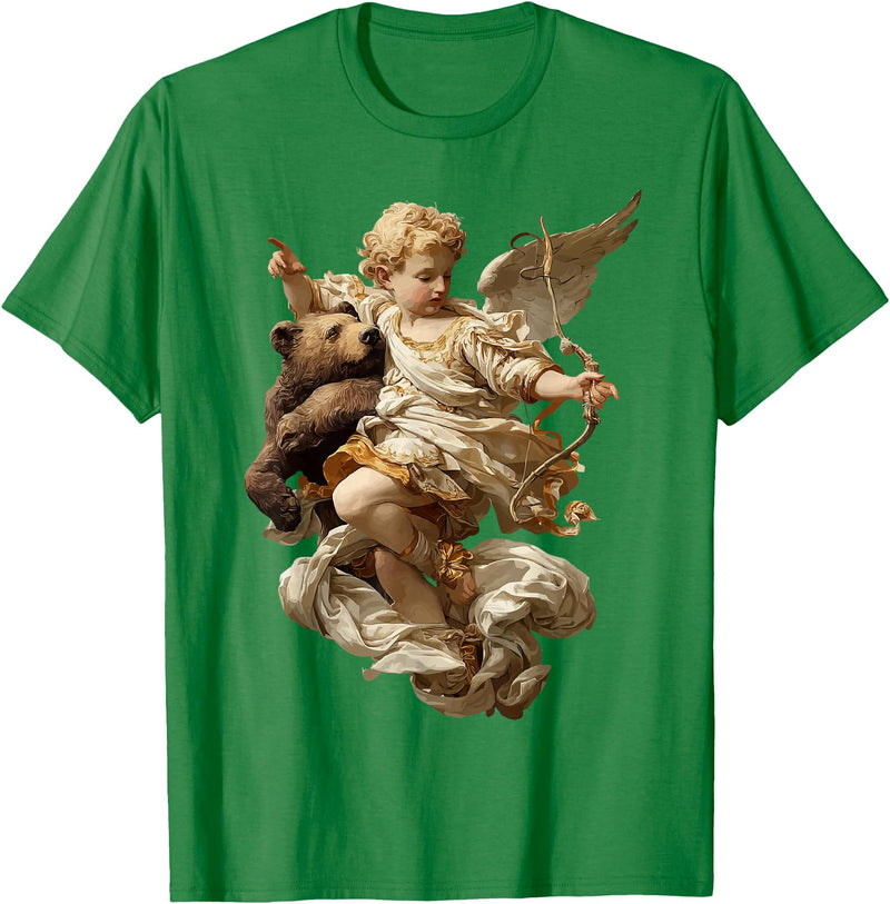 Vintage Angel Aesthetic Classical Art Cute Cherub Angel with Bear Baroque Renaissance Aesthetic T-Shirt - Kelly Green